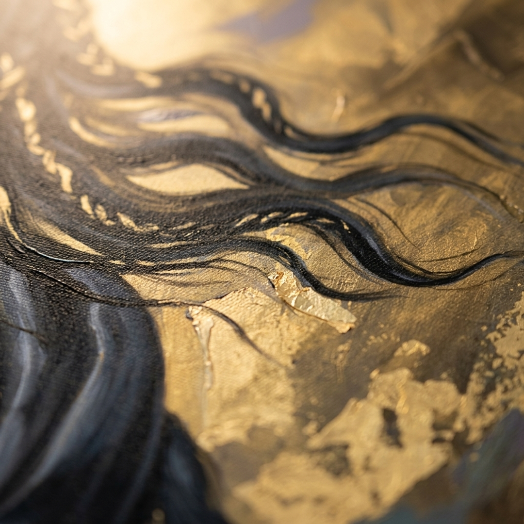 Makro detail ručně malovaných impasto tahů akrylovou barvou na povrchu obrazu, viditelná textura a reliéf.