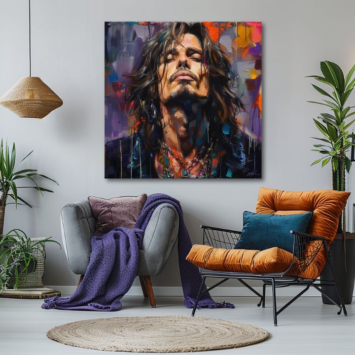 Moderní obraz na plátně s motivem Chris Cornell - Hlas grunge scény v fialovo-oranžových odstínech, rock and roll | Obraz Chris Cornell - Hlas grunge scény – produkt, pohled 2