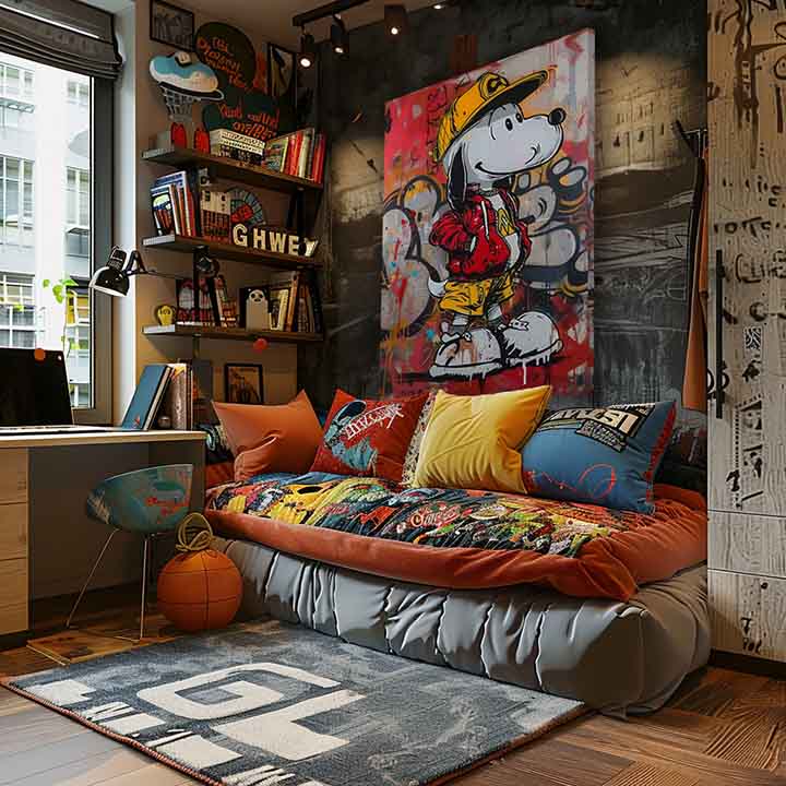 Moderní obraz na plátně s motivem Cool Snoopy na plátně, graffiti v červeno-žlutých odstínech, hravá atmosféra, nostalgie | Obraz Cool Snoopy na plátně – produkt