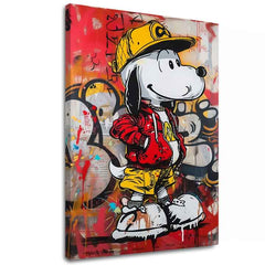 Moderní obraz na plátně s motivem Cool Snoopy na plátně, graffiti v červeno-žlutých odstínech, hravá atmosféra, nostalgie | Obraz Cool Snoopy na plátně – hlavní