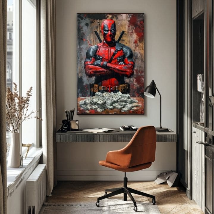 Obraz Deadpoola s penězi visí v moderním stylovém interiéru nad dřevěnou konzolí s vázou a svíčkou, Papilora.