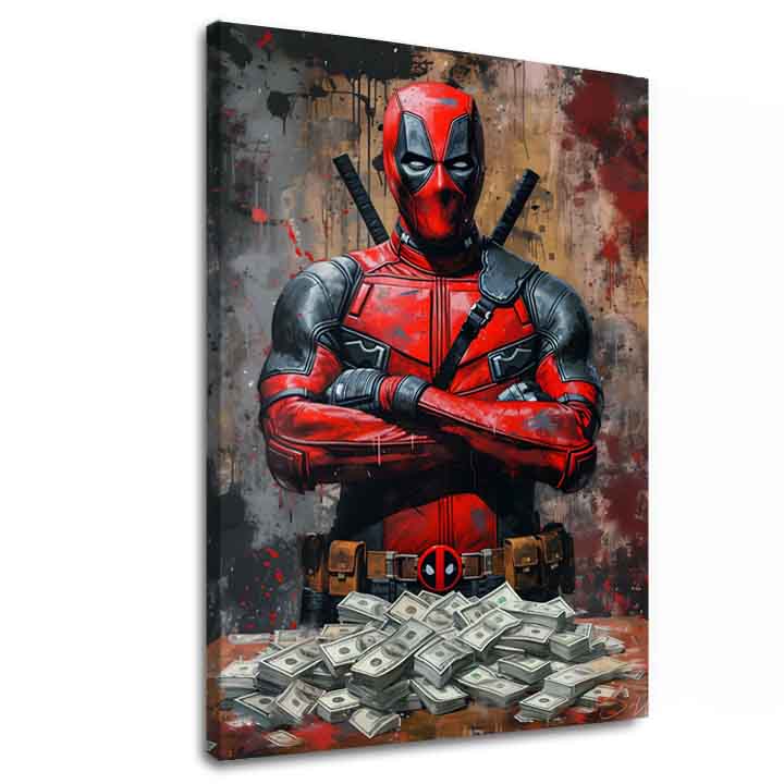 Ručně malované prémiové plátno s Deadpoolem v červeno-černém kostýmu a hromadou bankovek, s viditelným dřevěným rámem, Papilora.