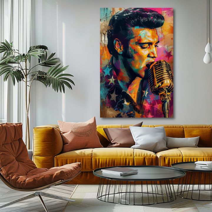 Umělecké dílo s Elvisem Presleym zpívajícím do mikrofonu, zavěšené v moderním stylovém interiéru nad dřevěnou konzolí s vázou a svíčkou, Papilora.