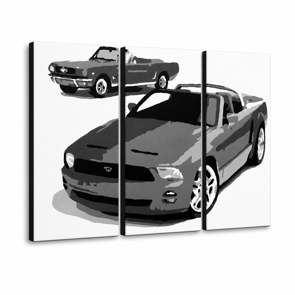 Ručně malovaný obraz POP Art FORD MUSTANG 3 dílný fm2 – 3D vizualizace ručně malovaného plátna na bílém pozadí. Dominantní barvy: černá, bílá, šedá.