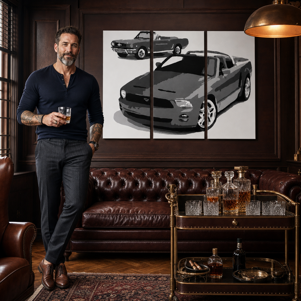 Ručně malovaný obraz POP Art FORD MUSTANG 3 dílný fm2 – obraz v moderním mužském interiéru, lifestyle vizualizace. Dominantní barvy: černá, bílá, šedá.