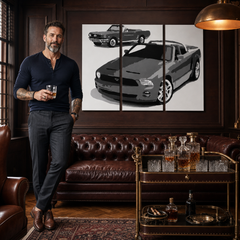 Ručně malovaný obraz POP Art FORD MUSTANG 3 dílný fm2 – obraz v moderním mužském interiéru, lifestyle vizualizace. Dominantní barvy: černá, bílá, šedá.