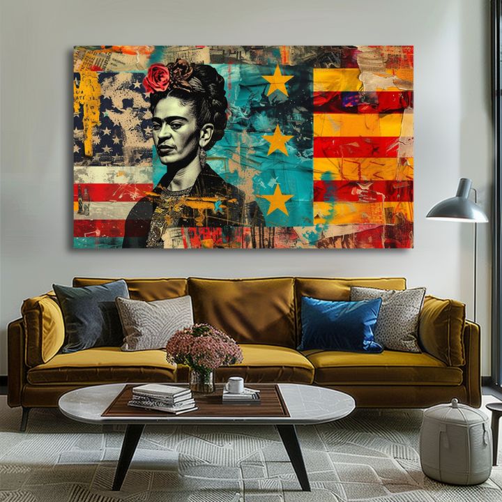 Umělecké dílo s portrétem Fridy Kahlo v pop-art stylu visící v moderním interiéru nad dřevěnou konzolí s vázou a svíčkou, Papilora.