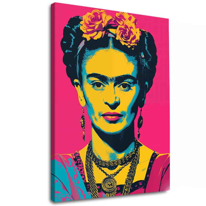 Plátno s pop-artovým portrétem Fridy Kahlo v zářivých barvách žluté, tyrkysové a fuchsiové, s viditelným dřevěným rámem, Papilora.