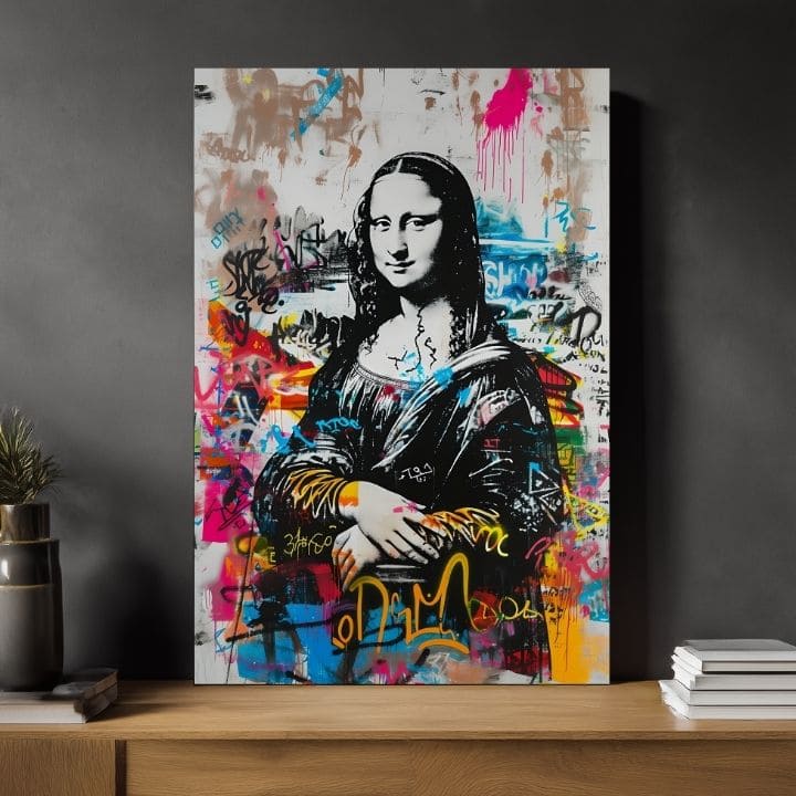 Obraz Mony Lisy v graffiti stylu s výraznými barvami a zlatými detaily visí v moderním interiéru nad dřevěnou konzolí s vázou a svíčkou Papilora.
