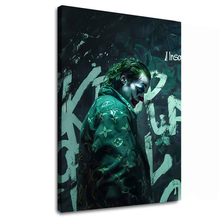 Moderní obraz na plátně s motivem Joker: Vuitton štýl, graffiti v černo-bílých odstínech, temná atmosféra | Obraz Joker: Vuitton štýl – hlavní