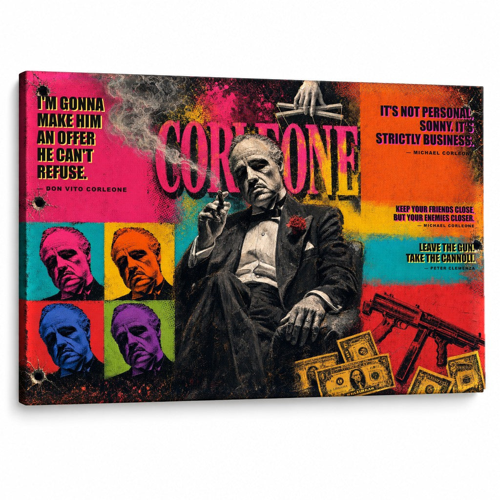 Pop-art obraz Kmotr s Donem Vitem Corleonem a filmovými citáty na plátně, stylová dekorace od Papilora.