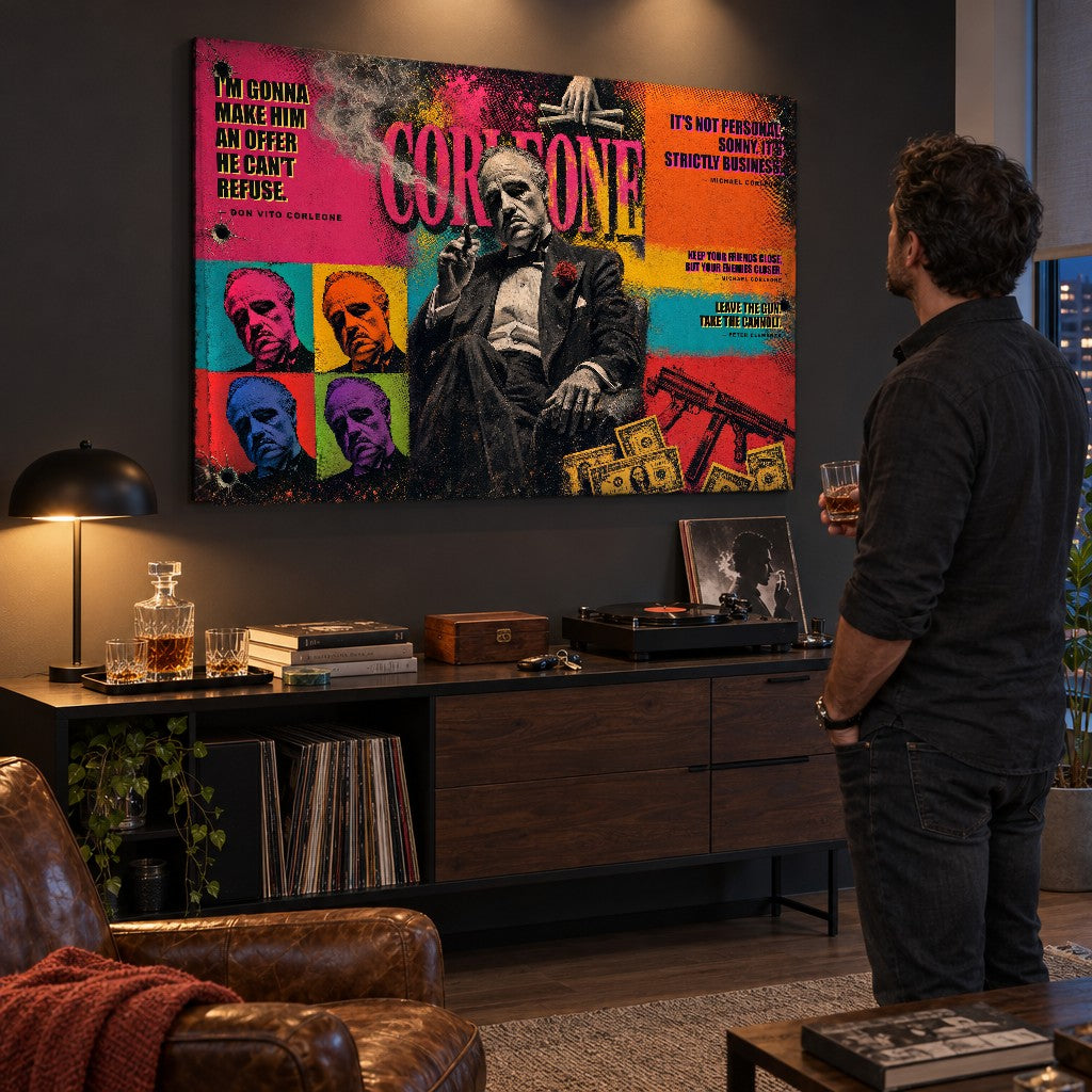 Moderní pánská pracovna s pop-art obrazem Kmotr, muž s whisky sleduje filmové umění na stěně.