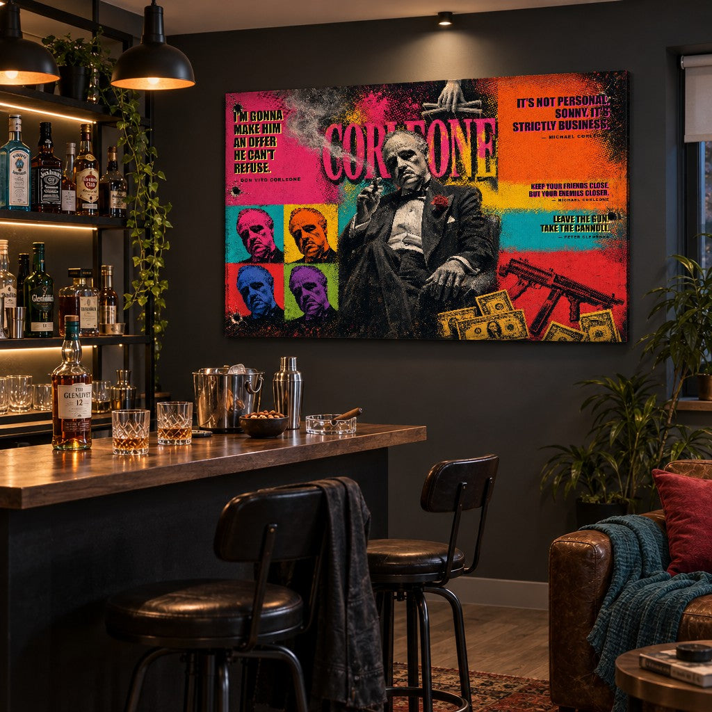 Barevný pop-art obraz Kmotr umístěný v interiéru nad domácím barem s lahví whisky a sklenicí.