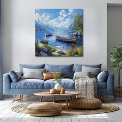 Moderní obraz na plátně s motivem Pokojné jezero, hory, jezero, oblaka, klidná atmosféra, příroda a klid a vyrovnanost | Obraz krajiny na plátně Pokojné jezero – produkt
