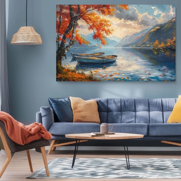 Art deco obraz na plátně s motivem Jesenné listy pri jazere, jezero, stromy, hory, obloha v modro-oranžových odstínech, klidná atmosféra, vhodný do obývacího pokoje – produkt, pohled 2