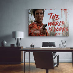 Pop art obraz na plátně s motivem Krvavý Tony Montana so zbraňou v ruke, krajina v bílo-červených odstínech, síla a moc | Scarface obraz na plátně Krvavý Tony Montana so zbraňou v ruke – produkt