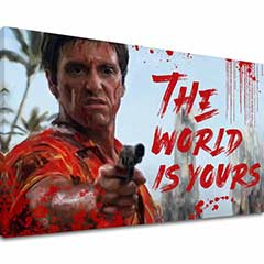 Pop art obraz na plátně s motivem Krvavý Tony Montana so zbraňou v ruke, krajina v bílo-červených odstínech, síla a moc | Scarface obraz na plátně Krvavý Tony Montana so zbraňou v ruke – hlavní