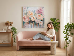Malovaný obraz na zeď KVĚTY 100x100 cm – ručně malovaný obraz v elegantním interiéru (Mid-century warm) | wall mockup | premium canvas | Papilora.sk
