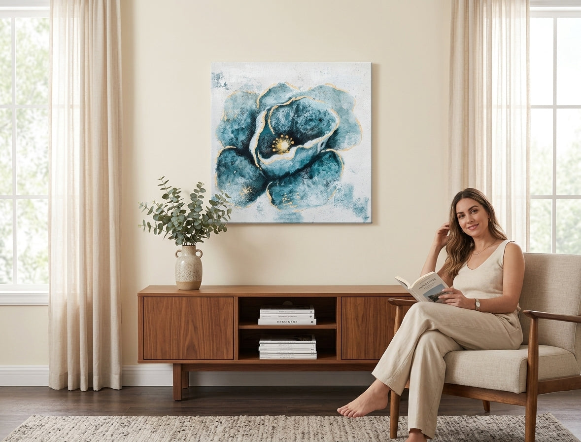 Malovaný obraz na zeď KVĚTY 50x50 cm – ručně malovaný obraz v elegantním interiéru (Modern coastal) | wall mockup | premium canvas | Papilora.sk