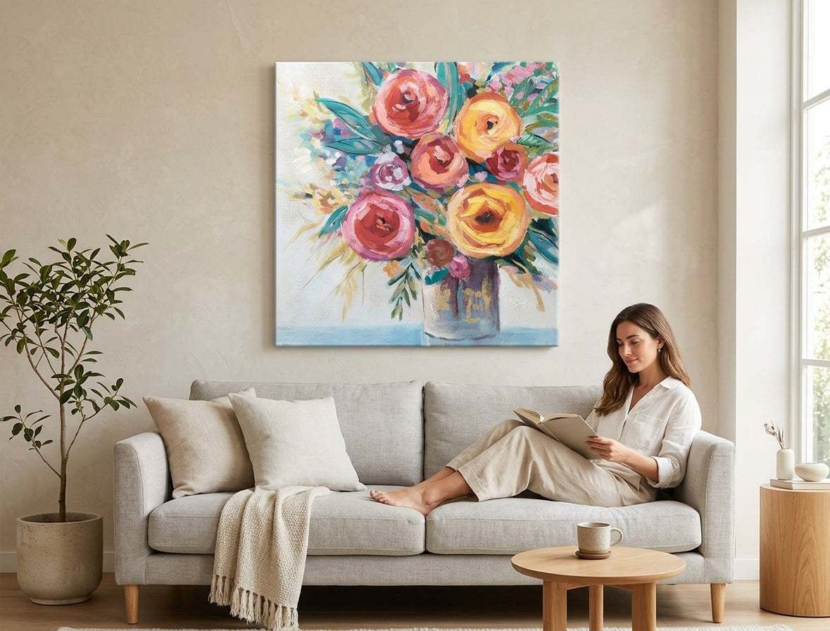 Malovaný obraz na zeď KVĚTY 80x80 cm – ručně malovaný obraz v elegantním interiéru (Modern coastal) | wall mockup | premium canvas | Papilora.sk
