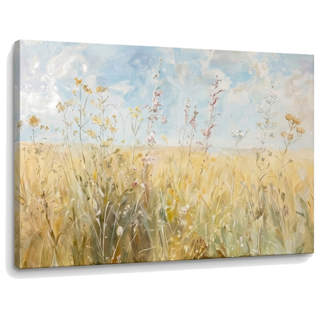 Obraz letní louka s divokými květy na plátně — 3D vizualizace canvasu s viditelným dřevěným rámem, Papilora Premium Art.