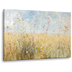 Obraz letní louka s divokými květy na plátně — 3D vizualizace canvasu s viditelným dřevěným rámem, Papilora Premium Art.