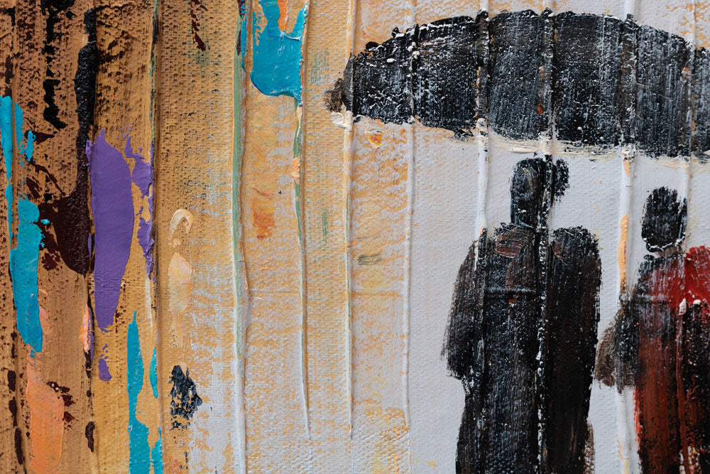 Detailní pohled na texturu a kompozici obrazu s abstraktními postavami a deštníkem v dešti, Papilora.