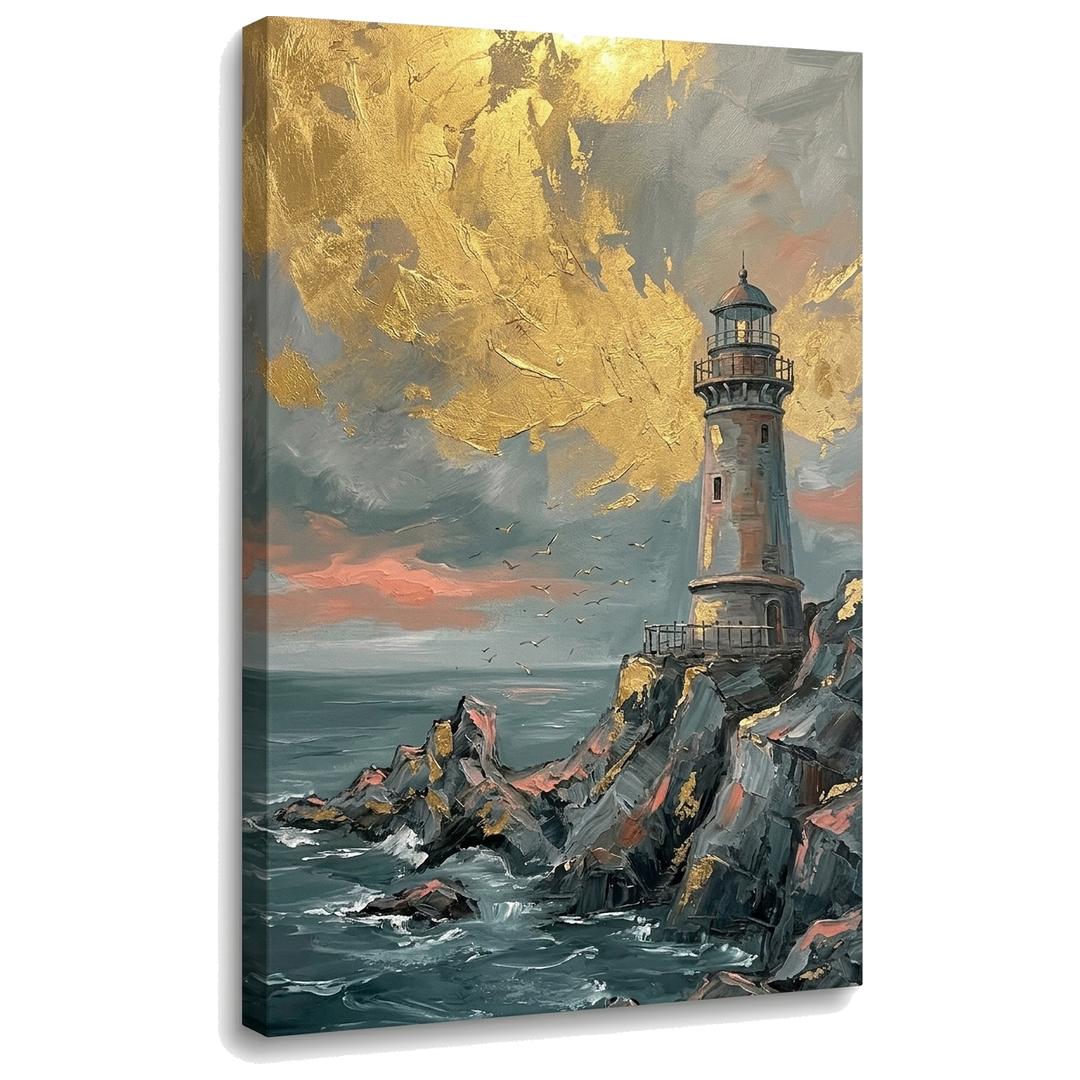 Moderní obraz majáku na rozbouřeném moři na plátně, 3D vizualizace s viditelným dřevěným rámem, Papilora Premium Art.