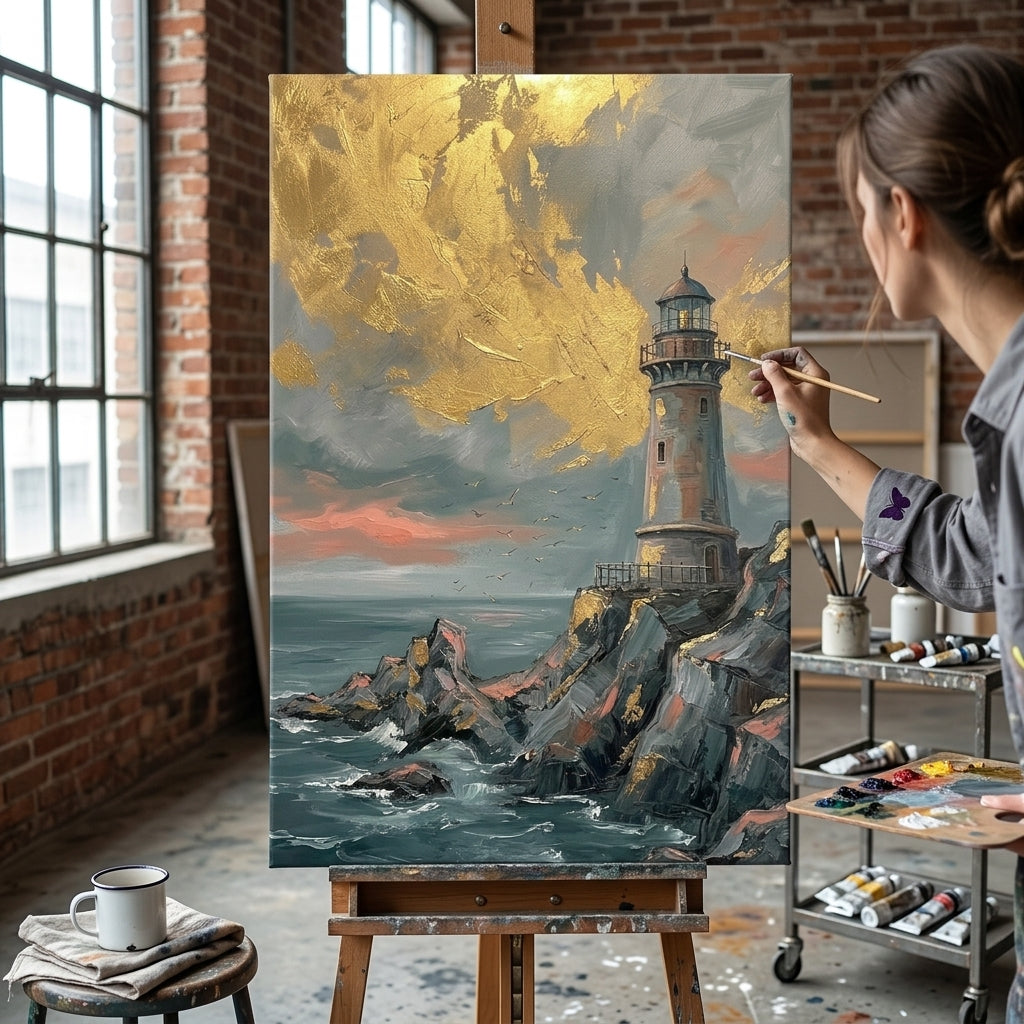 Umelkyně v ateliéru Papilora při ruční tvorbě obrazu majáku na plátně, detailní práce s akrylovými barvami.