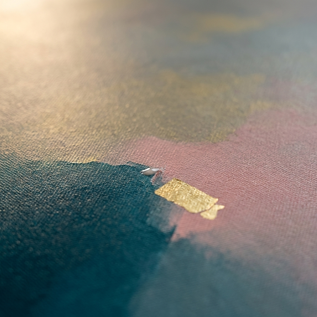 Detailní makro záběr textury obrazu, ručně malované impasto tahy akrylovou barvou a zlaté detaily na plátně.