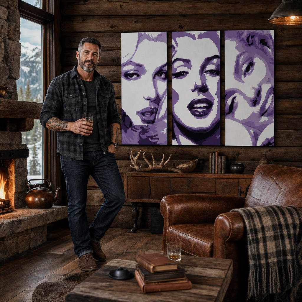 Ručně malovaný obraz POP Art Marilyn MONROE 3 dílný mon4 – obraz v moderním mužském interiéru, lifestyle vizualizace. Dominantní barvy: fialová, bílá, černá.