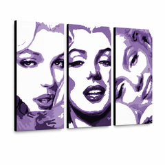 Ručně malovaný obraz POP Art Marilyn MONROE 3 dílný mon4 – 3D vizualizace ručně malovaného plátna na bílém pozadí. Dominantní barvy: fialová, bílá, černá.