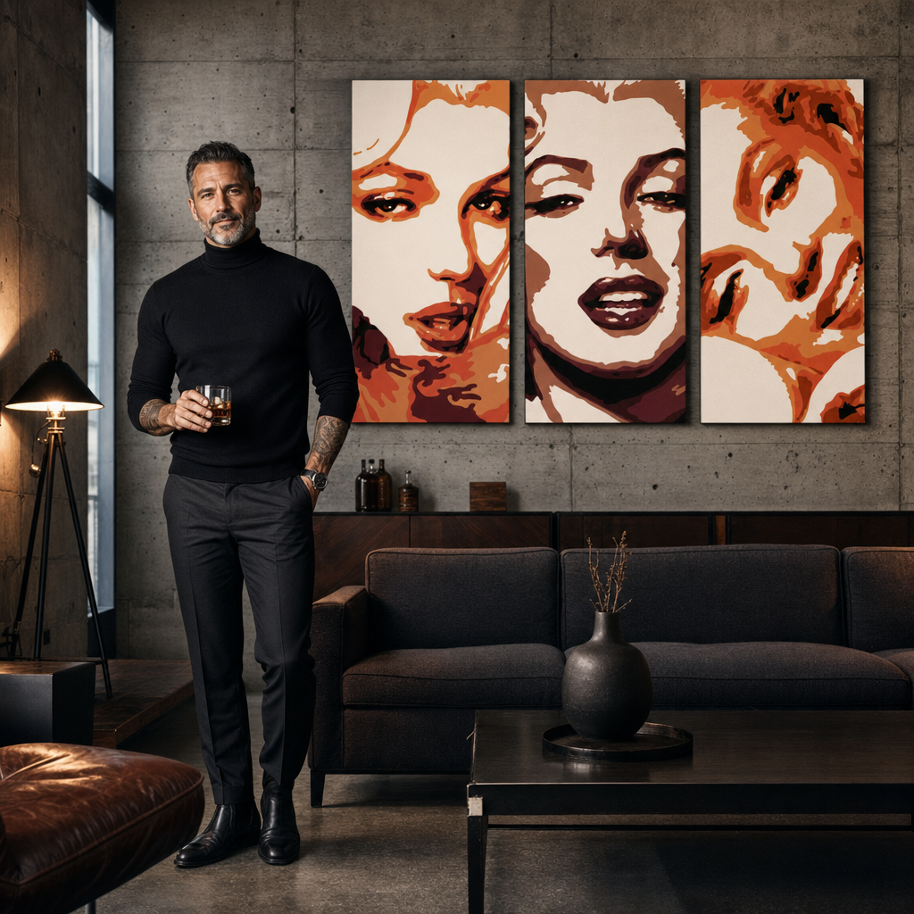 Tento moderní triptych s portrétem Marilyn Monroe v oranžových a hnědých tónech visí nad dřevěnou konzolí s vázou a svíčkou, dodávající interiéru šmrnc Papilora.