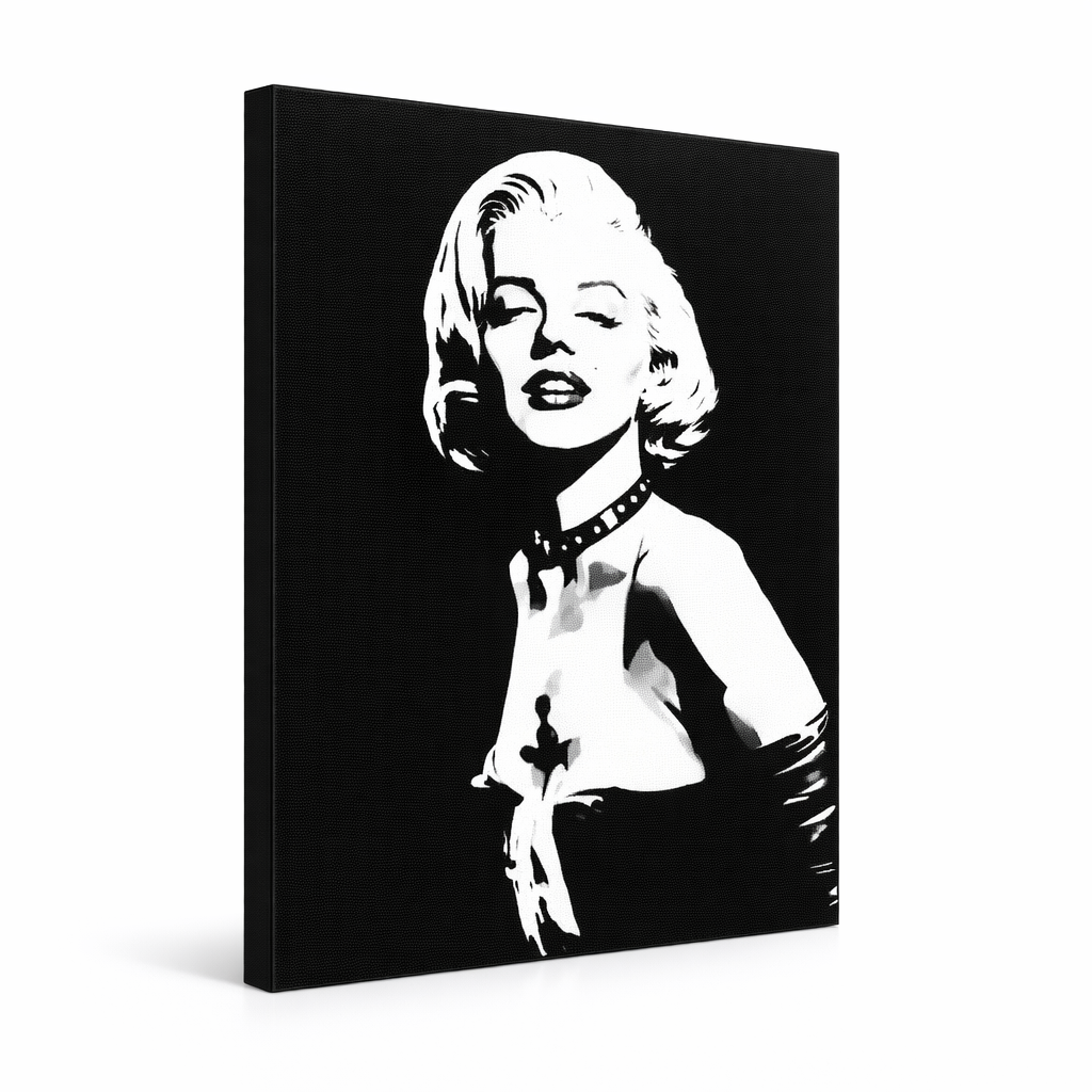 Černobílá ručně malovaná malba Marilyn Monroe na plátně s viditelným dřevěným rámem Papilora.