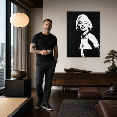 Obraz Marilyn Monroe v černobílém provedení visí v moderním interiéru nad dřevěnou konzolí s vázou a svíčkou Papilora.