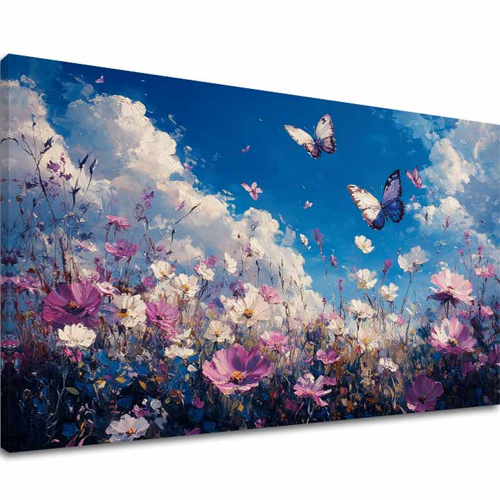 Moderní obraz na plátně s motivem Motýla - Lietanie nad Lúkou, květy, motýli, obloha, oblaka v zelených odstínech, snová atmosféra | Obraz Motýla - Lietanie nad Lúkou – hlavní