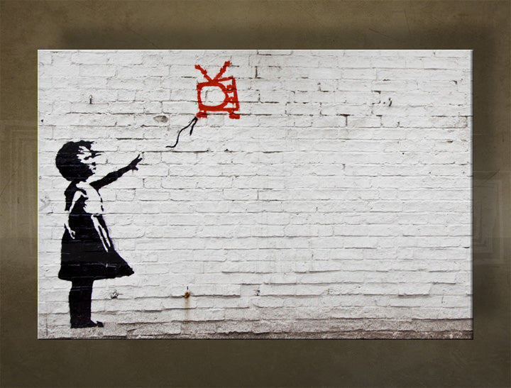 Klasický obraz na plátně s motivem Street ART – Banksy, balón, krajina, moře a pláž v fialovo-modrých odstínech, melancholická atmosféra, vícedílné provedení – hlavní