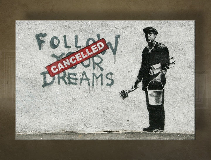 V boho stylu obraz na plátně s motivem Street ART – Banksy, graffiti, krajina, moře a pláž v fialovo-modrých odstínech, vícedílné provedení – hlavní