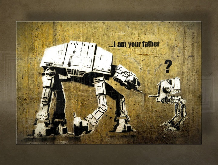Obraz na plátně s motivem Star Wars graffiti, kde velký AT-AT říká malému AT-ST „...I am your father“ na žlutohnědém pozadí, Papilora.