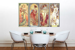 Vintage obraz na plátně s motivem ŠTYRI ROČNÉ OBDOBIA 120x70 cm – Alfons Mucha, mapa v zeleno-zlatých odstínech zavěšený v interiéru kuchyně – interiér