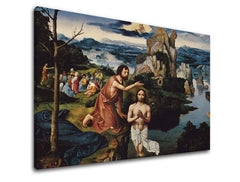 Moderní obraz na plátně s motivem Joachim Patinir - Krst Ježiša Krista, hrad v hnědo-modrých odstínech, slavnostní atmosféra, příroda | Obraz na plátně Joachim Patinir - Krst Ježiša Krista – hlavní