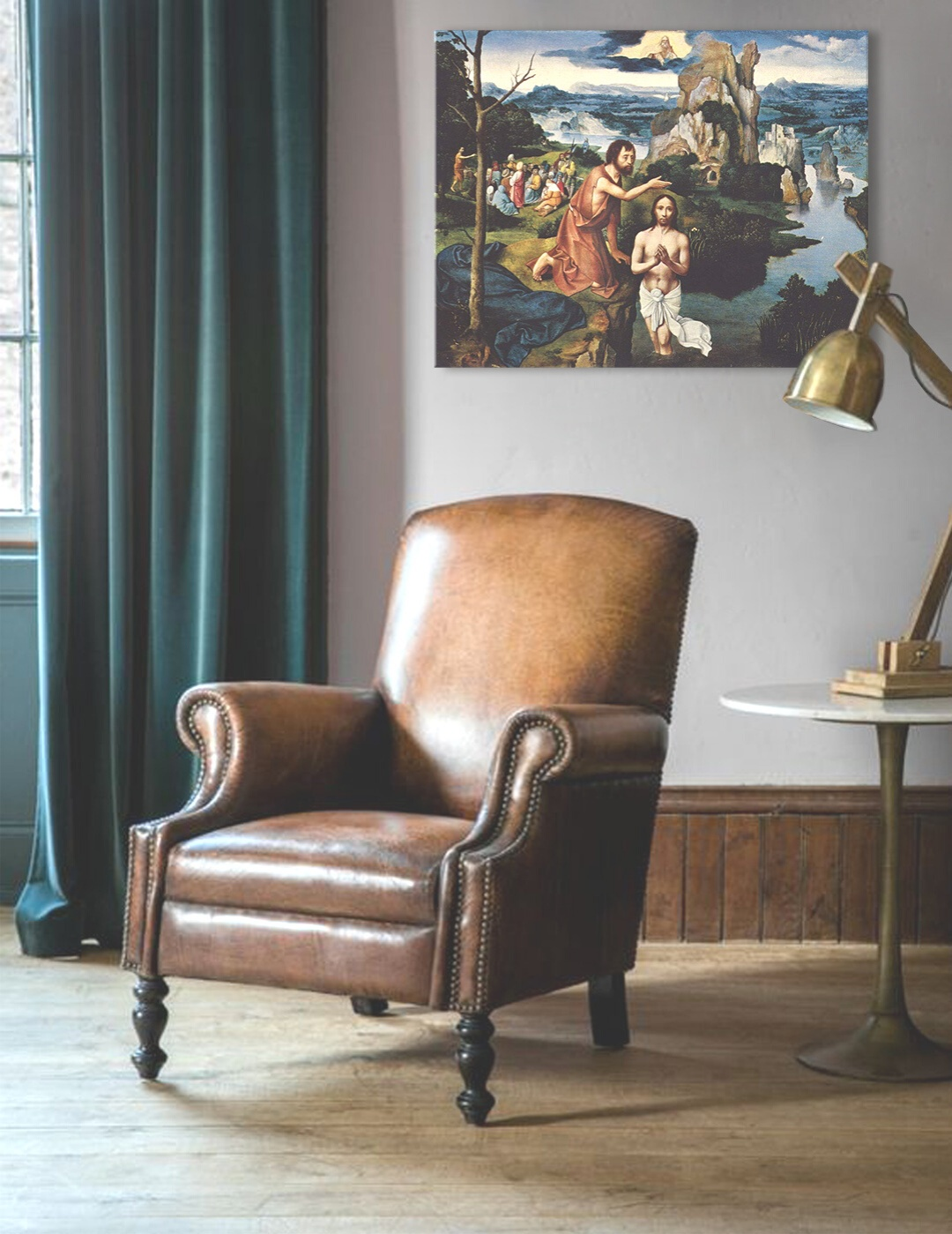 Moderní obraz na plátně s motivem Joachim Patinir - Krst Ježiša Krista, hrad v hnědo-modrých odstínech, slavnostní atmosféra, příroda | Obraz na plátně Joachim Patinir - Krst Ježiša Krista – produkt