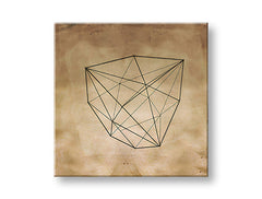 Abstraktní geometrický tvar s černými čarami na béžovém pozadí, visící v moderním interiéru nad dřevěnou konzolí s vázou a svíčkou Papilora.