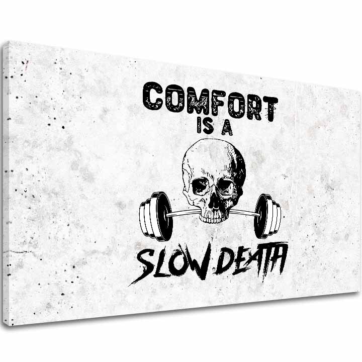 Na plátně je vyobrazena černobílá lebka držící činku v ústech s textem 'COMFORT IS A SLOW DEATH' na pozadí připomínajícím beton, Papilora.