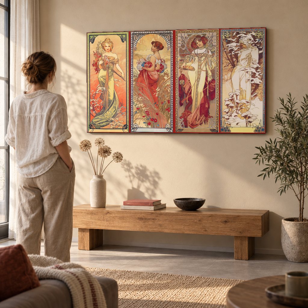 Obraz na plátně Čtyři roční období – Alfons Mucha v obývacím pokoji