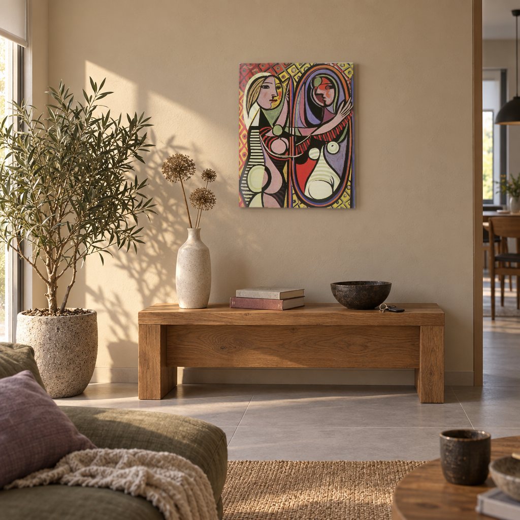 Obraz na plátně Dívka před zrcadlem – Pablo Picasso v obývacím pokoji