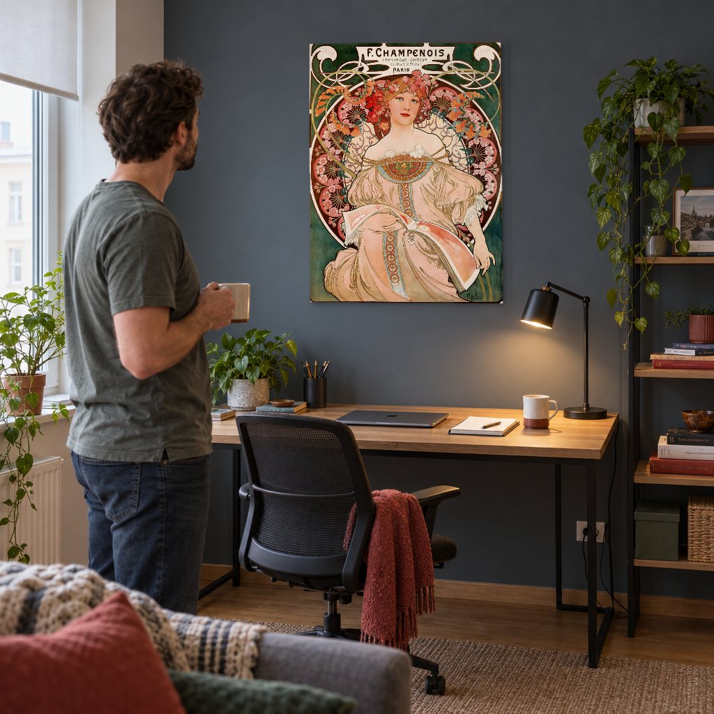 Obraz na plátně F. Champenois – plakát – Alfons Mucha v pracovně