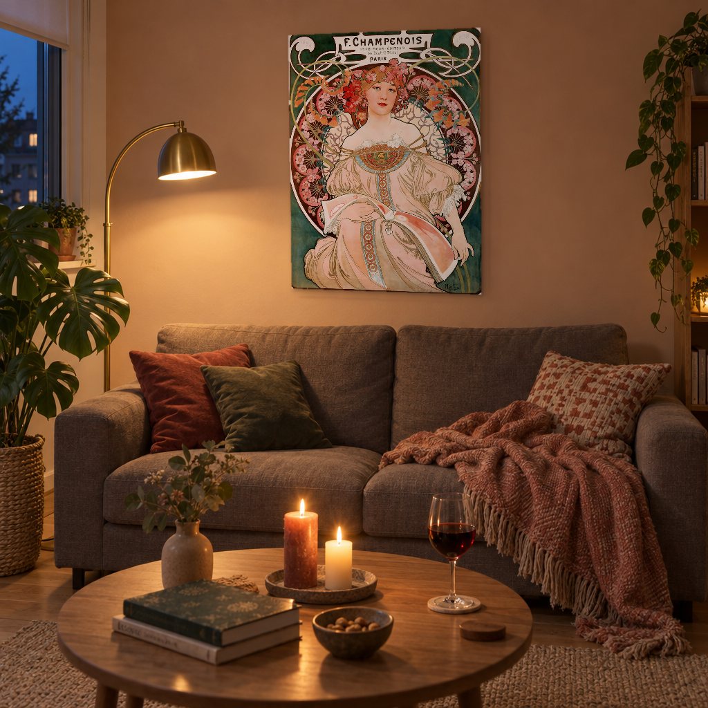 Obraz na plátně F. Champenois – plakát – Alfons Mucha v obývacím pokoji