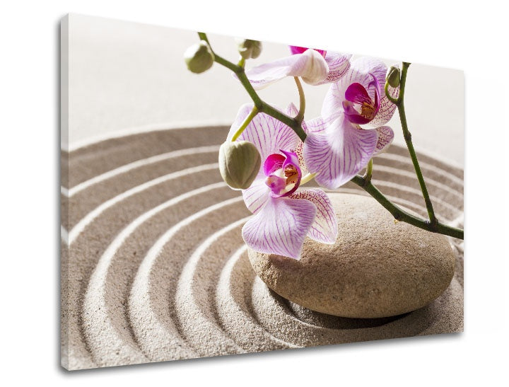 Klasický obraz s motivem FENG SHUI, orchidej, zenová zahrada v béžovo-růžových odstínech | Obraz na plátně FENG SHUI_050-11, příroda – náhled