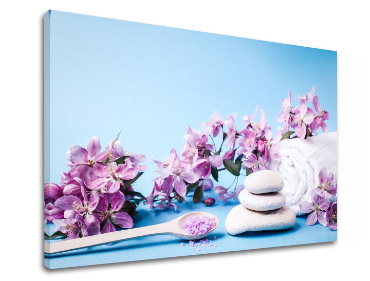 Klasický obraz na plátně s motivem FENG SHUI, květy, příroda v bílo-fialových odstínech, klidná atmosféra, jarní atmosféra, vhodný do obývacího pokoje – produkt